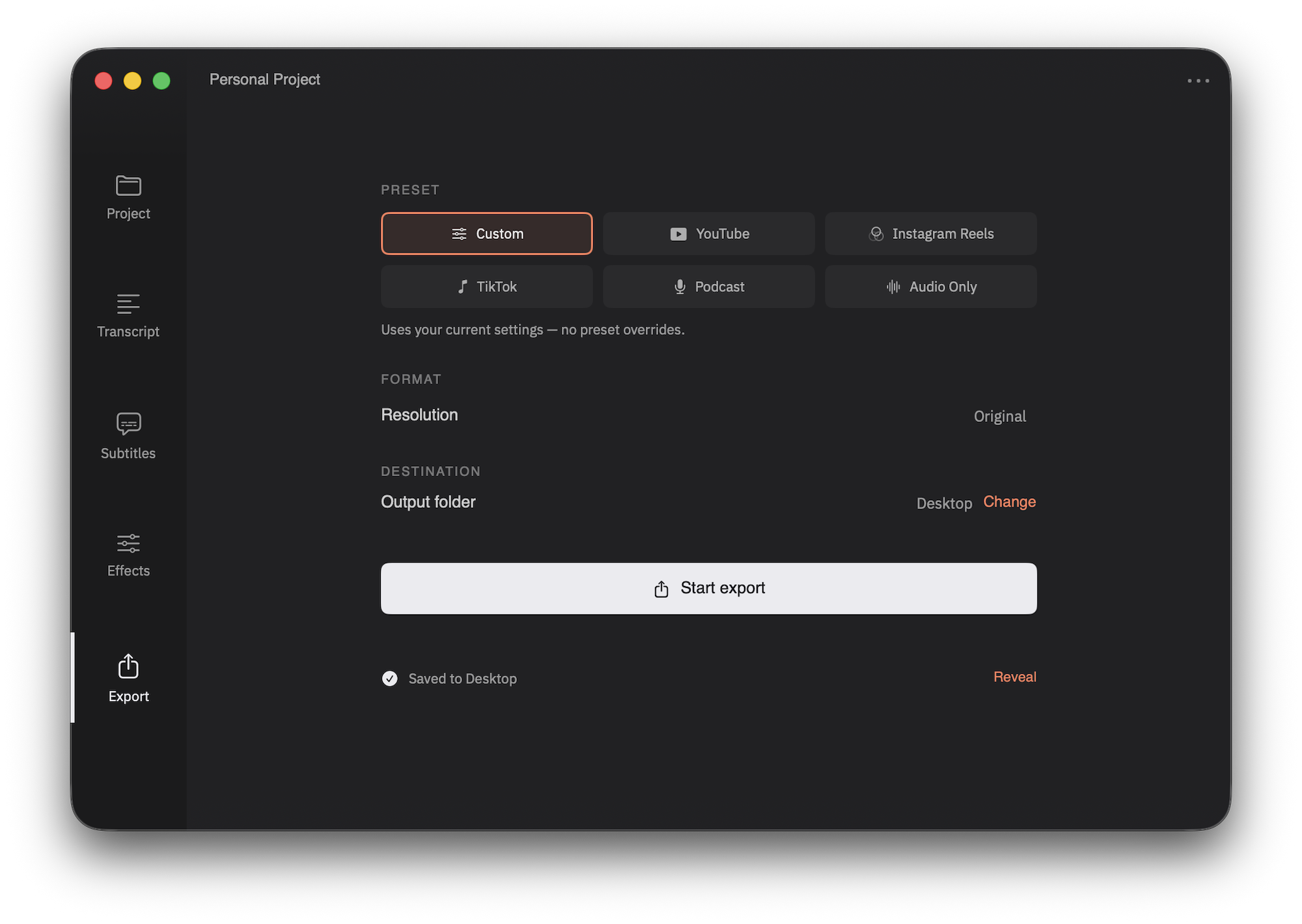 Cuts Studio export tab with preset grid