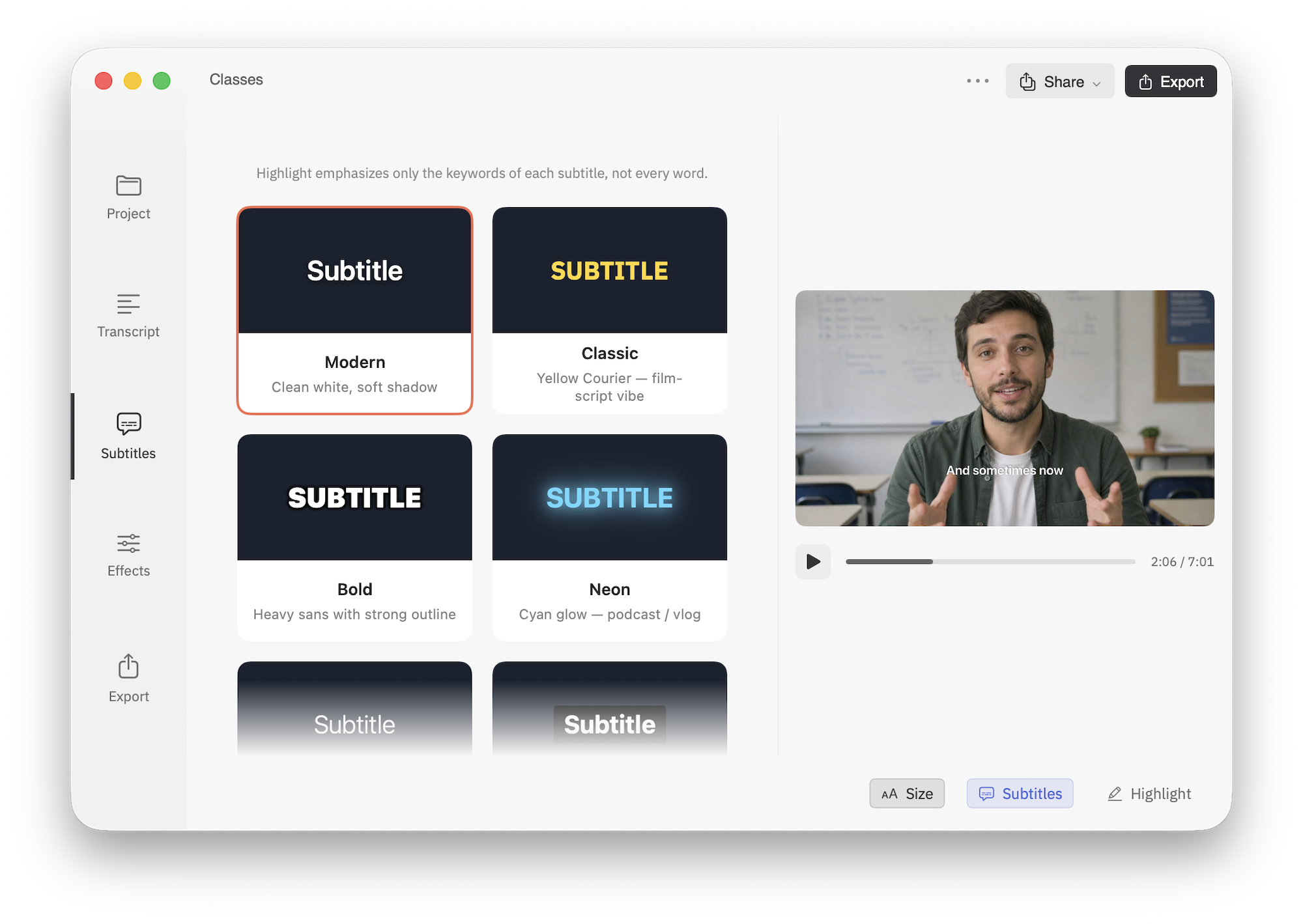 Cuts Studio subtitles tab with eight preset cards