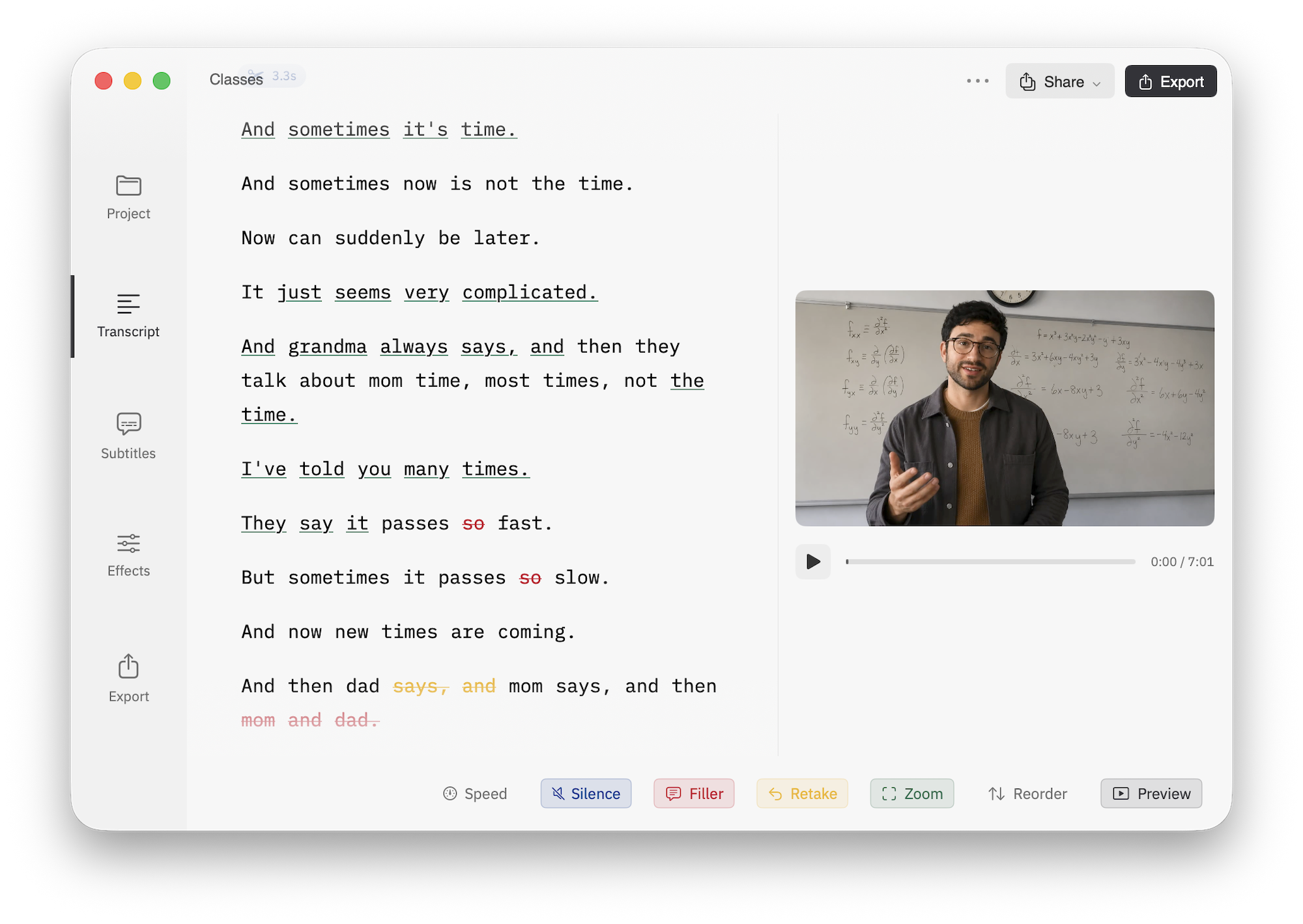 Cuts Studio transcript view in light mode